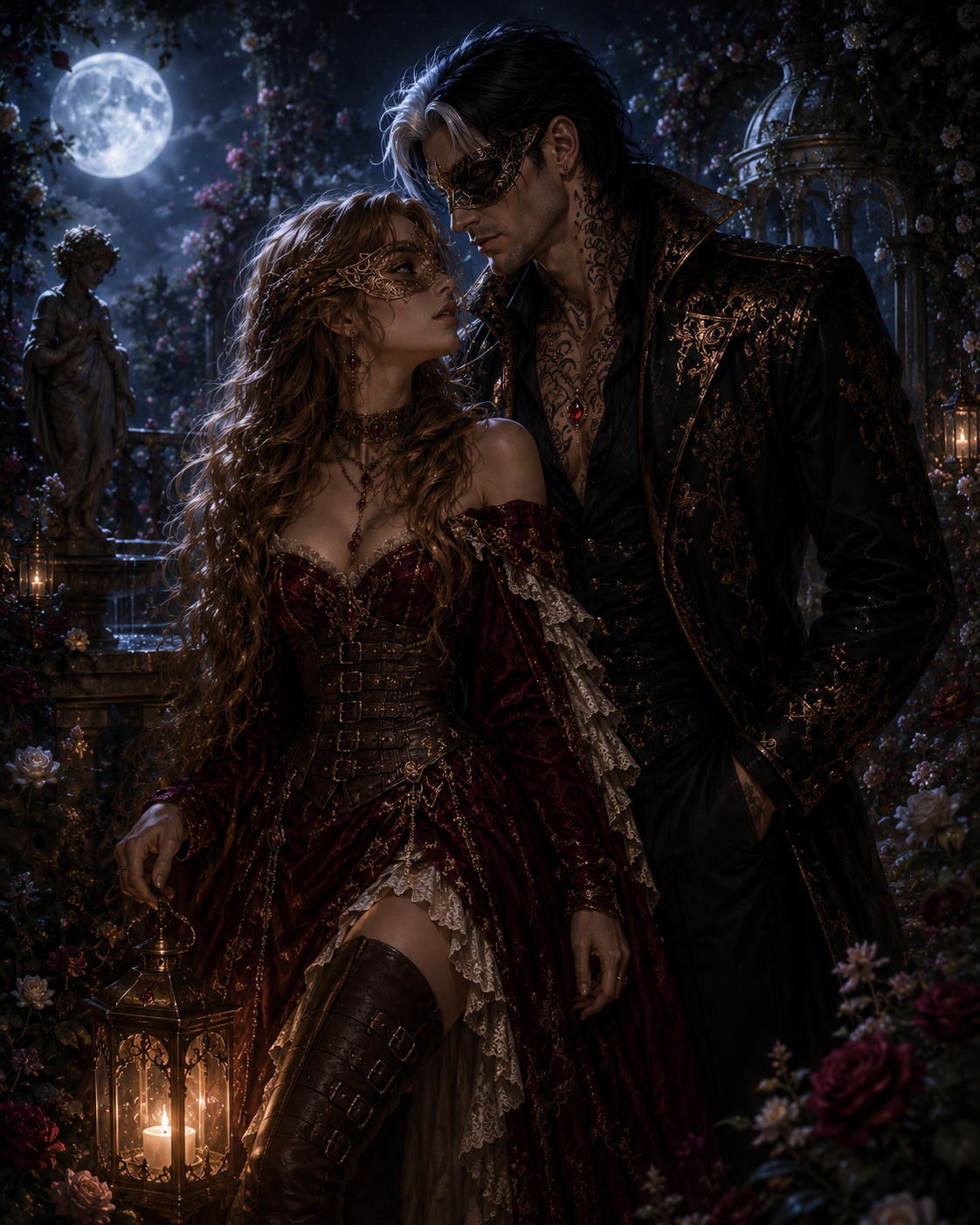 Masked characters meeting in a moonlit garden from The Masquerade