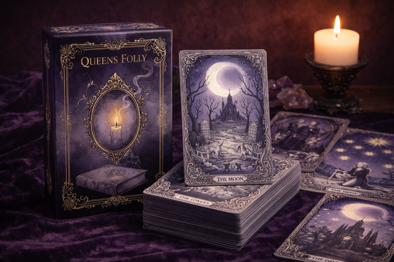 Queen's Folly tarot deck, box, and cards arranged on plum velvet