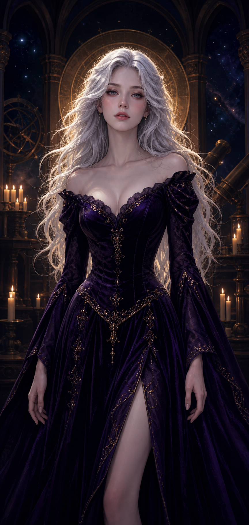 Silver-haired character from Velvet Arcana in an astronomical chamber